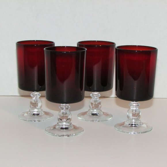 Vintage Ruby Red Glass Goblets 4 Wine Glasses Clear Ball Stem France 4 ounces - Picture 1 of 5